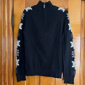 Eddie Bauer Black Long Sleeve Snowflake 1/4 Zip Knit Sweater Woman's Size Small